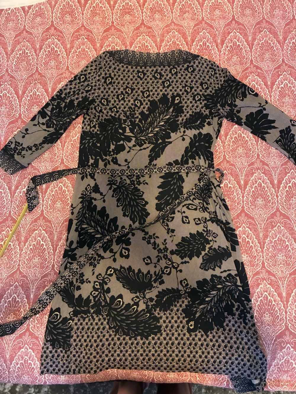 Diane Von Furstenberg Black Floral Print Grey Long-Sleeve Wrap Dress